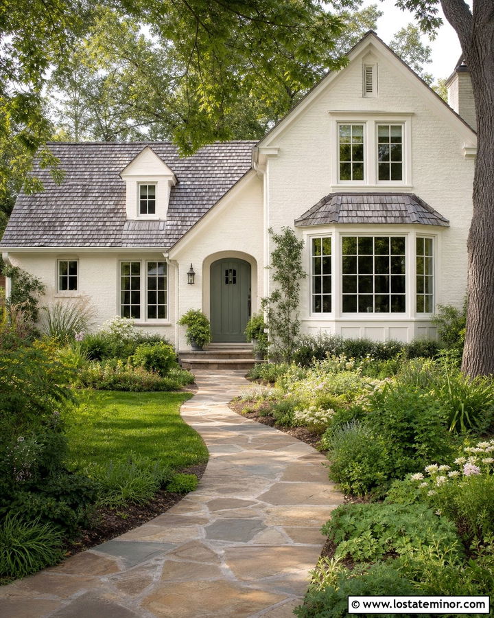 Warm White House With Curved Flagstone Walkway - 30 Warm White House Design With Walkway Ideas