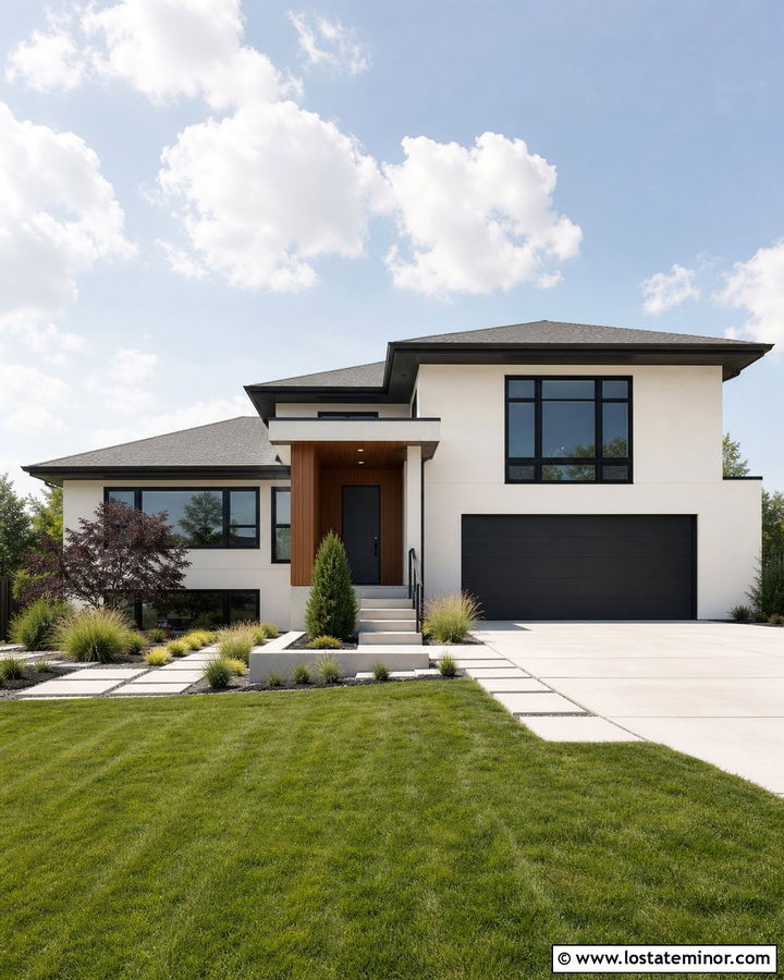 Warm White House With Dark Garage Door - 30 Warm White House Design With Accents Ideas