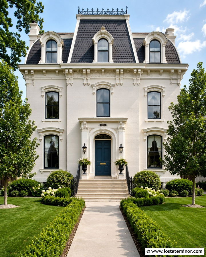 Warm White House With Dark Gray Mansard Roof - 30 Warm White House Design With Roof Ideas