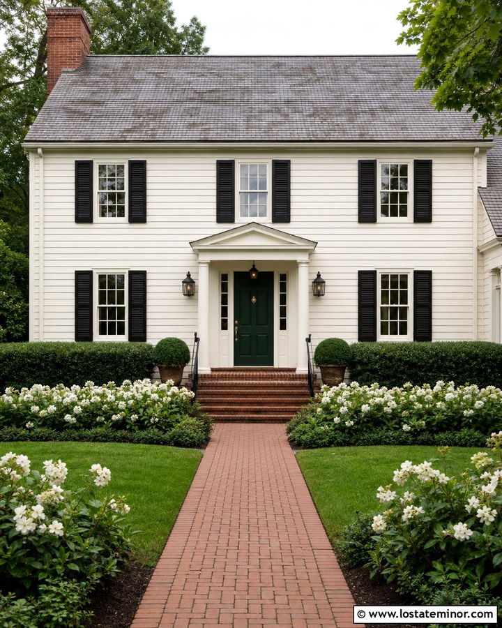 Warm White House With Dark Green Entry Door - 30 Warm White House Design With Entry Door Ideas