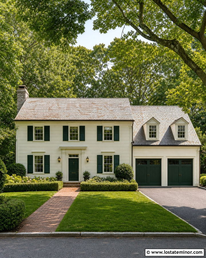 Warm White House With Dark Green Garage Door - 30 Warm White House Design With Garage Door Ideas