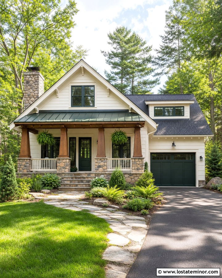 Warm White House With Deep Green Metal Awning - 30 Warm White House Design With Awning Ideas