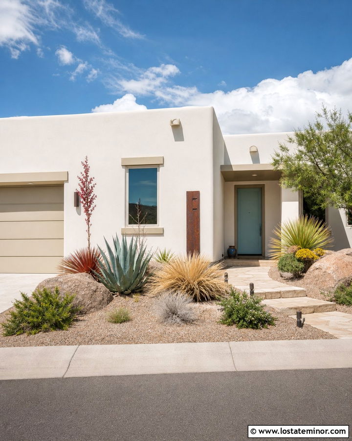Warm White House With Desert Front Yard - 30 Warm White House Design With Front Yard Ideas