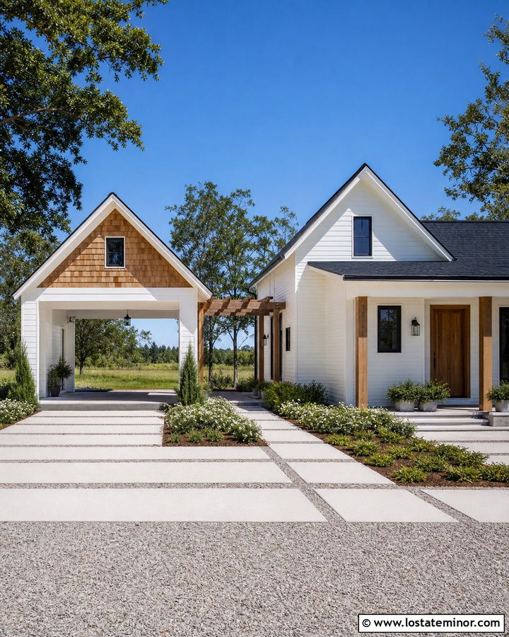Warm White House With Detached Carport - 30 Warm White House Design With Carport Ideas