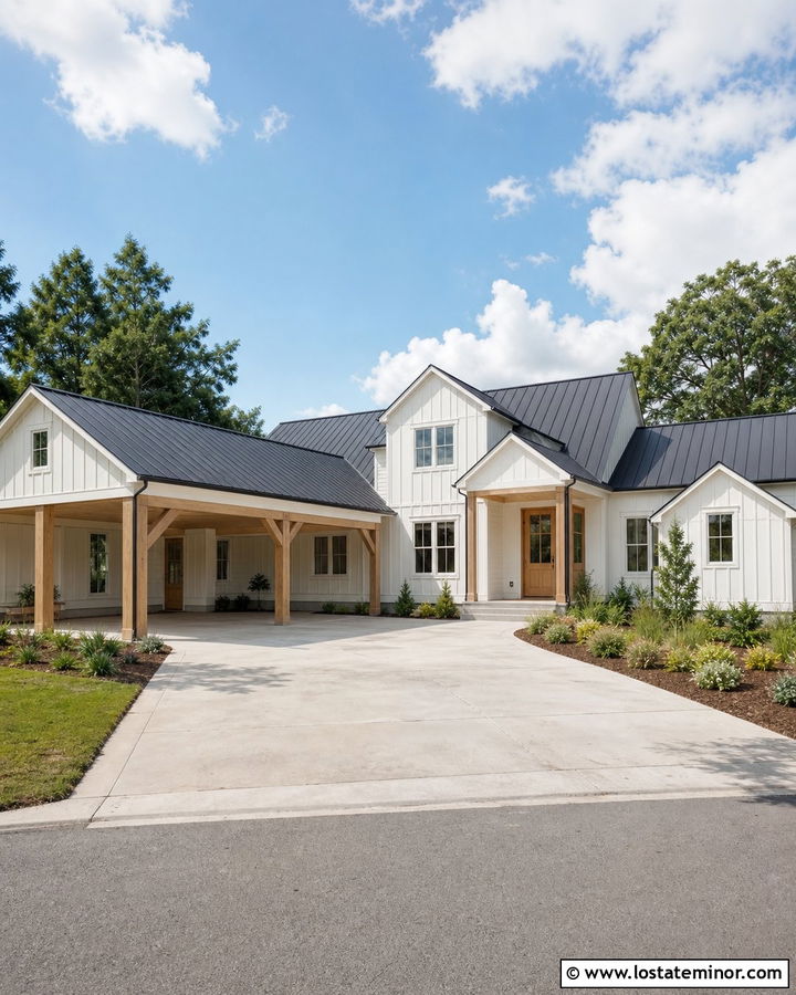 Warm White House With Double Carport - 30 Warm White House Design With Carport Ideas