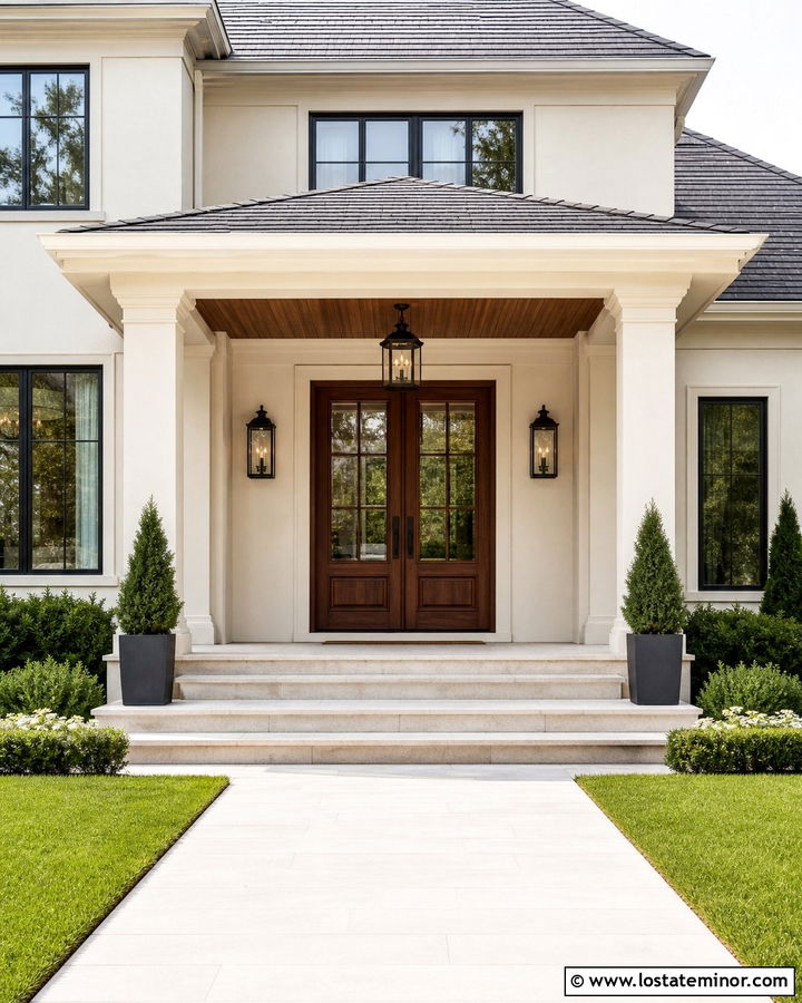 Warm White House With Double Door Portico - 30 Warm White House Design With Portico Ideas