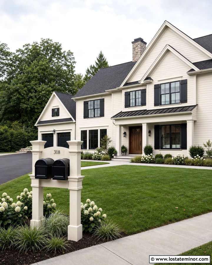 Warm White House With Double Mailbox Post - 30 Warm White House Design With Mailbox Ideas