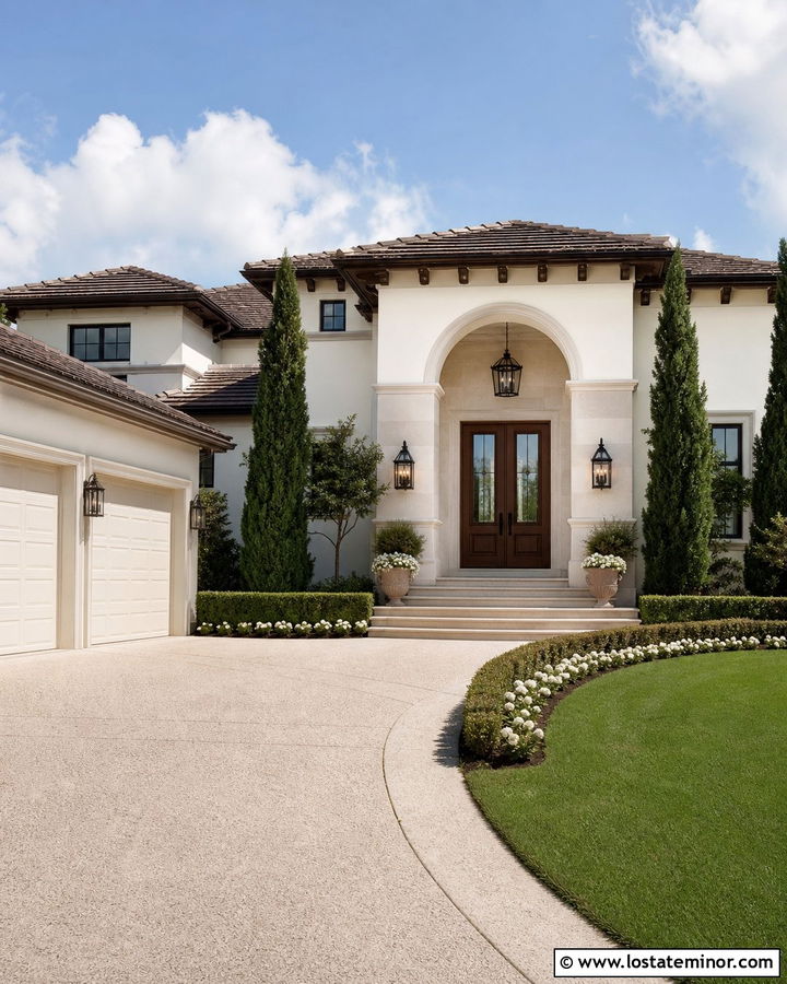Warm White House With Double Wood Entry Doors - 30 Warm White House Design With Entry Door Ideas