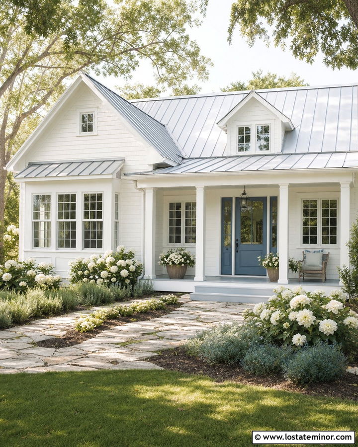 Warm White House With Dusty Blue Entry Door - 30 Warm White House Design With Entry Door Ideas