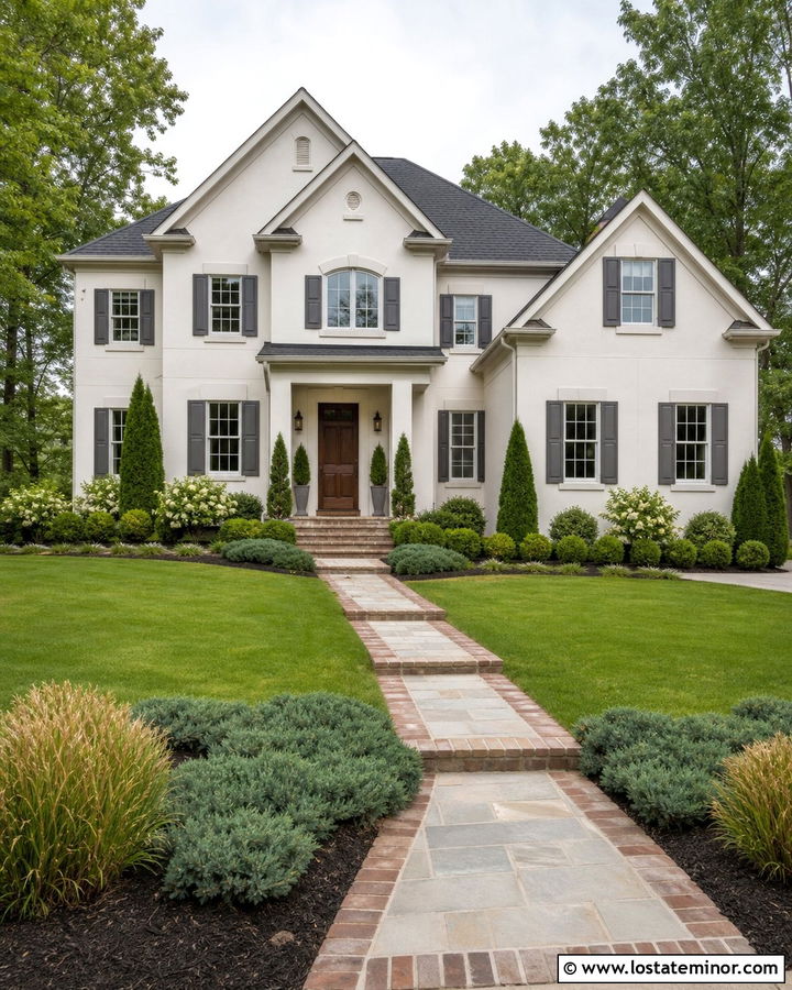 Warm White House With Evergreen Front Yard - 30 Warm White House Design With Front Yard Ideas