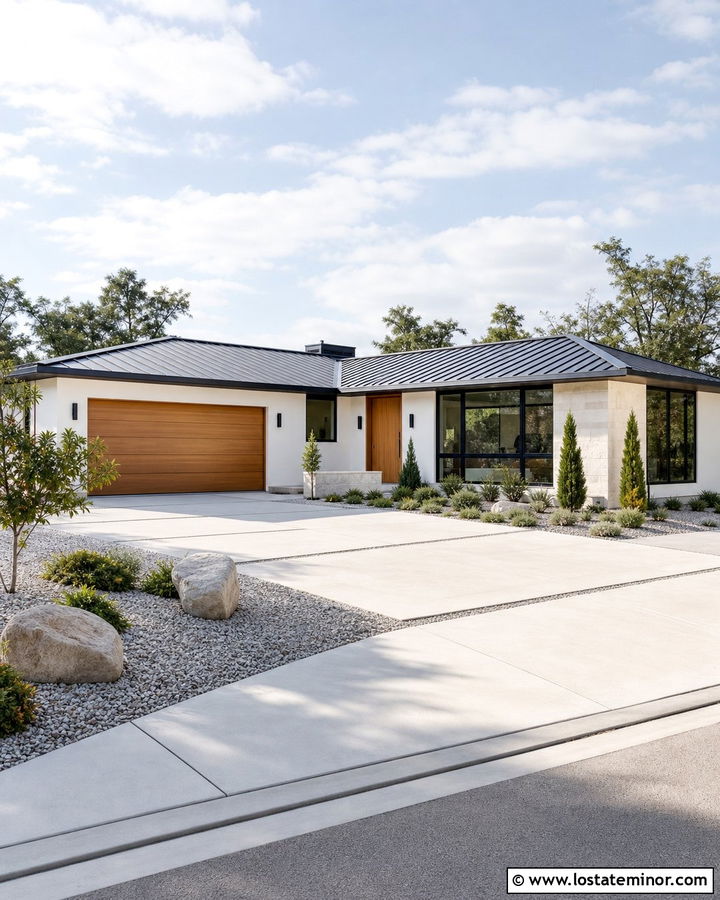 Warm White House With Flush Wood Garage Door - 30 Warm White House Design With Garage Door Ideas