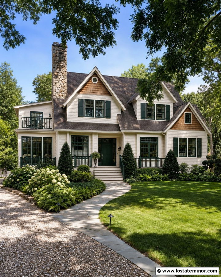 Warm White House With Forest Green Window Frames - 30 Warm White House Design With Window Frames Ideas
