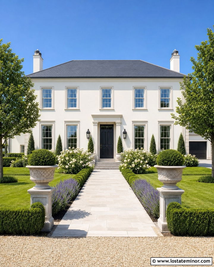 Warm White House With Formal Front Garden - 30 Warm White House Design With Front Yard Ideas