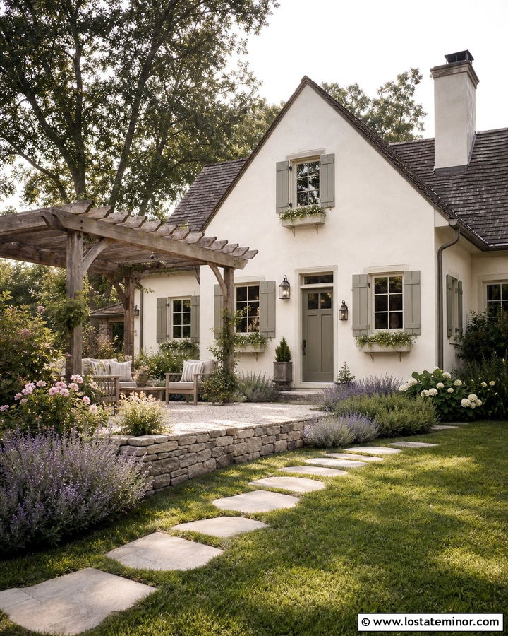 Warm White House With Freestanding Pergola - 30 Warm White House Design With Pergola Ideas
