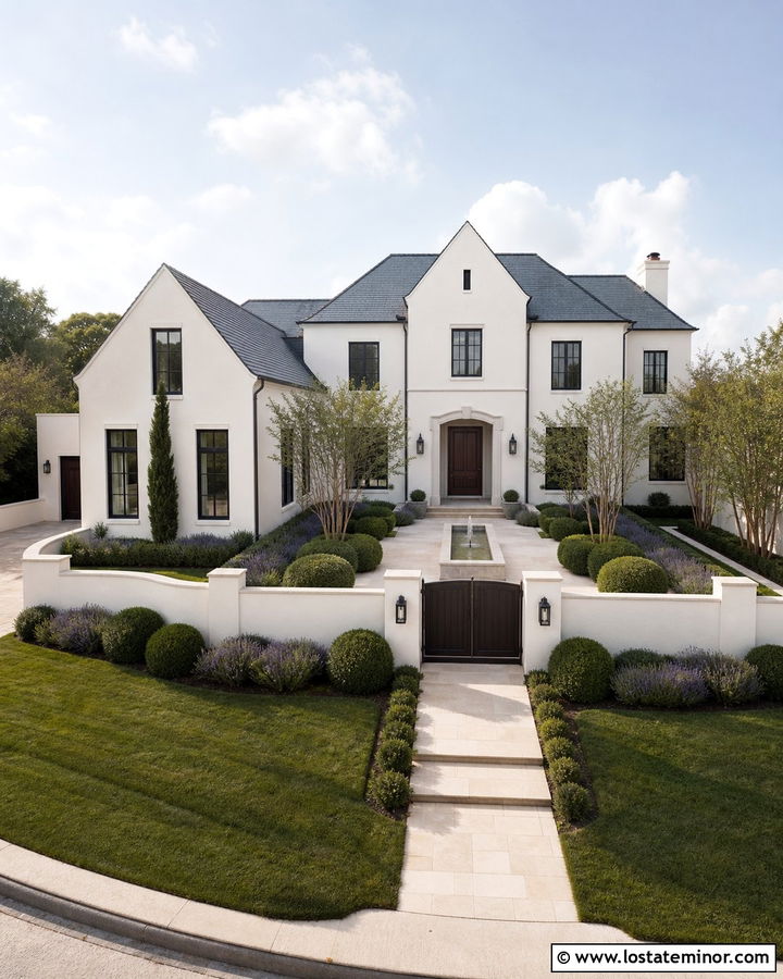Warm White House With Front Courtyard Landscaping - 30 Warm White House Design With Landscaping Ideas