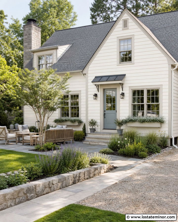 Warm White House With Front Yard Patio - 30 Warm White House Design With Front Yard Ideas