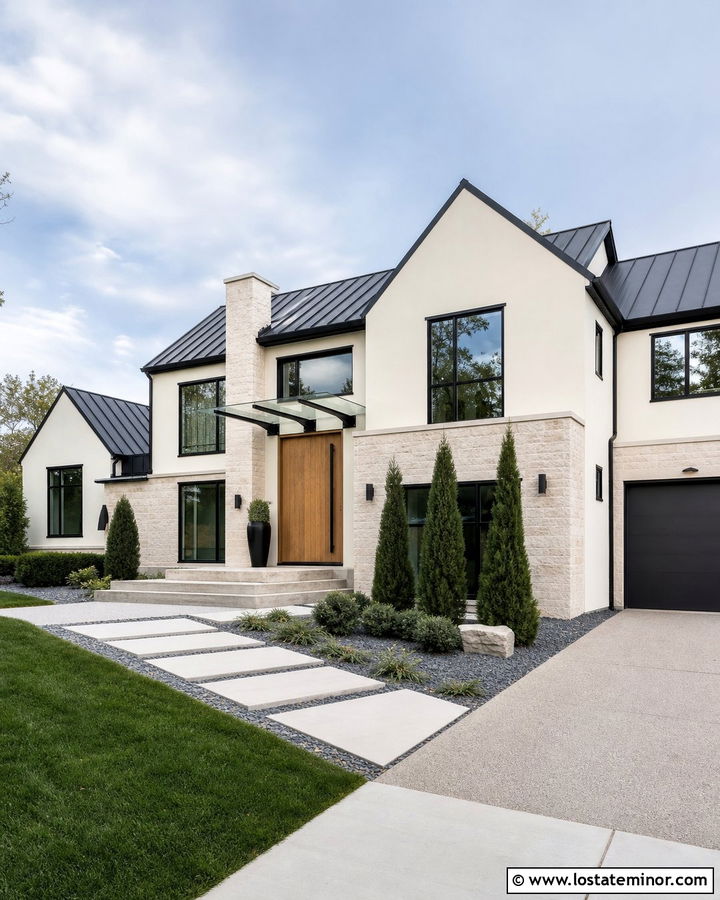 Warm White House With Glass Entry Awning - 30 Warm White House Design With Awning Ideas