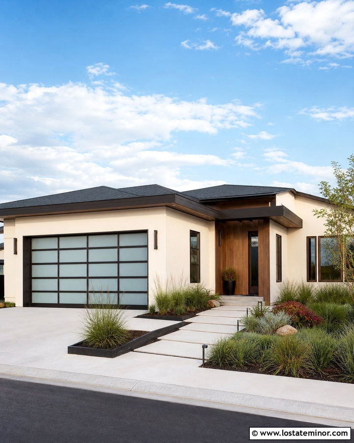 Warm White House With Glass Garage Door - 30 Warm White House Design With Garage Door Ideas