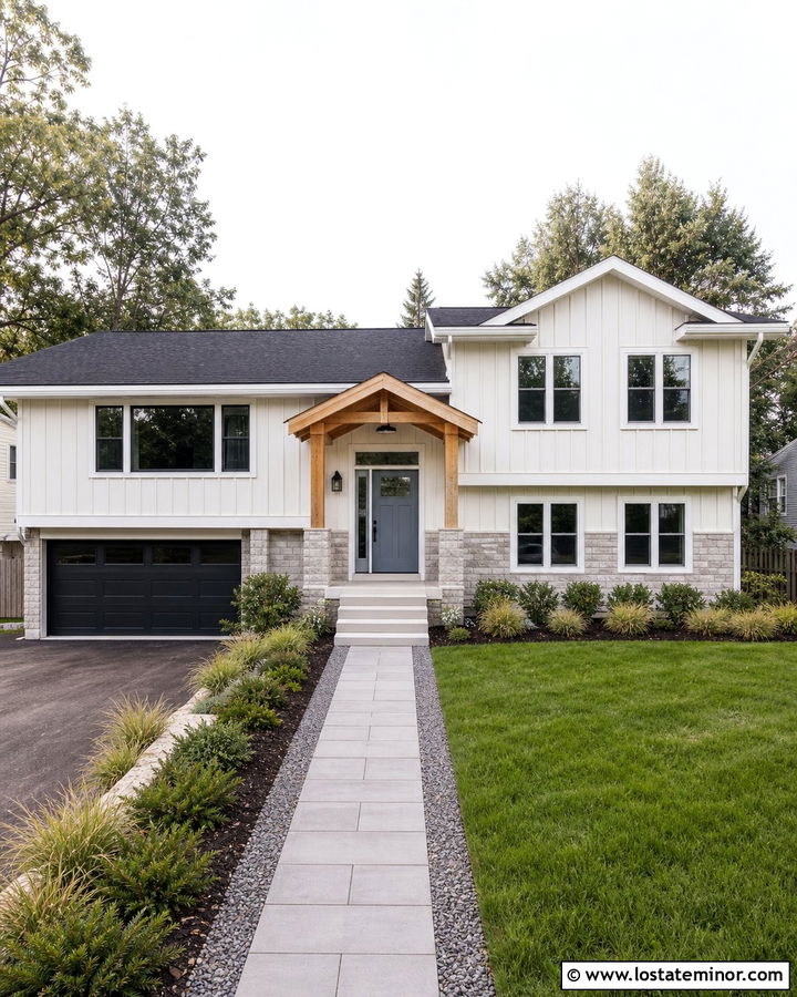 Warm White House With Gray Blue Entry Door - 30 Warm White House Design With Entry Door Ideas