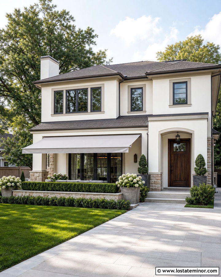 Warm White House With Gray Retractable Awning - 30 Warm White House Design With Awning Ideas
