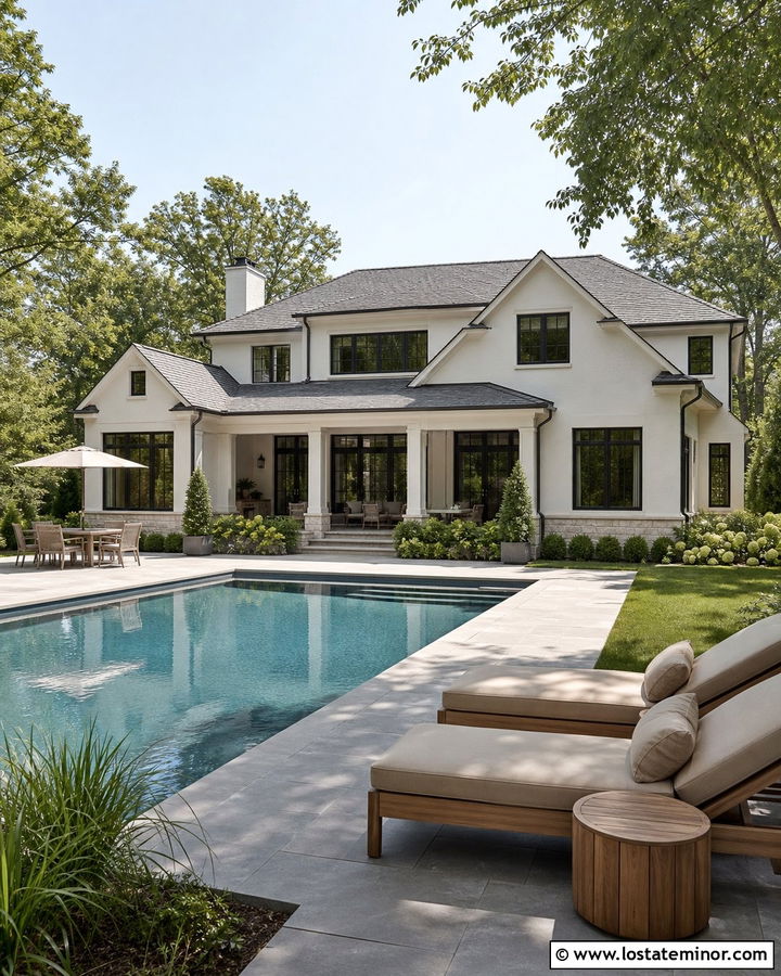 Warm White House With Gray Roof And Pool - 30 Warm White House Design With Swimming Pool Ideas