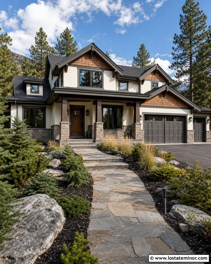 Warm White House With Gray Stone Trim - 30 Warm White House Design With Trim Ideas