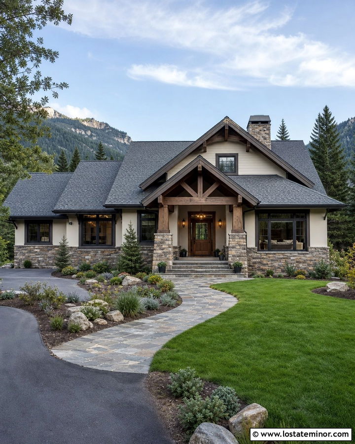 Warm White House With Gray Stone - 30 Warm White House Design With Accents Ideas