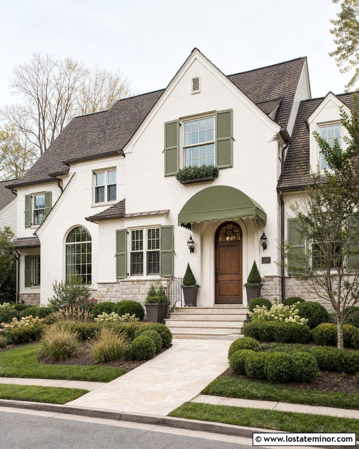 Warm White House With Green Awning - 30 White House Design With Awning Ideas