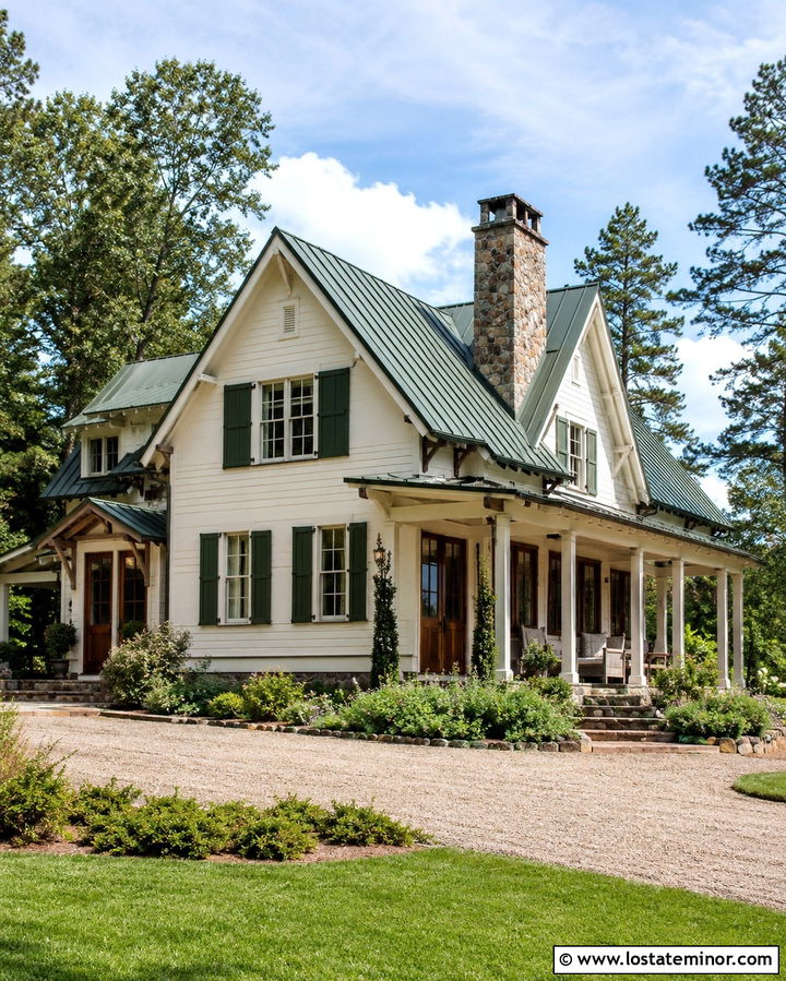 Warm White House With Green Metal Roof - 30 Warm White House Design With Roof Ideas