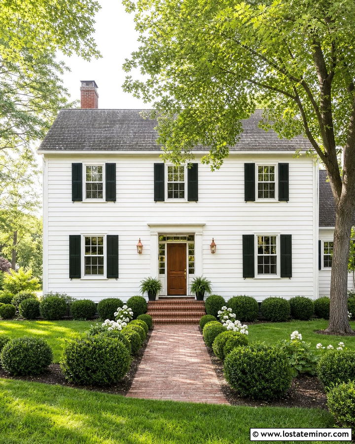 Warm White House With Green Shutters And Copper Lights - 30 Warm White House Design With Light Fixtures Ideas