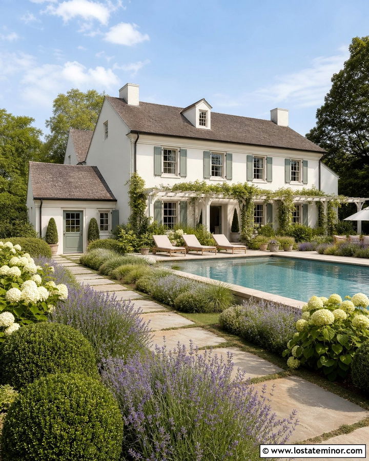 Warm White House With Green Shutters And Pool - 30 Warm White House Design With Swimming Pool Ideas