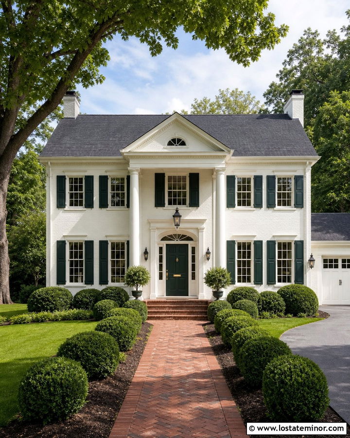 Warm White House With Green Shutters - 30 Warm White House Design With Trim Ideas