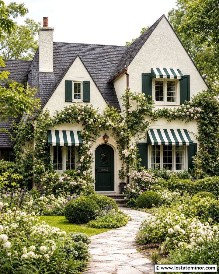 Warm White House With Green Striped Awning - 30 Warm White House Design With Awning Ideas
