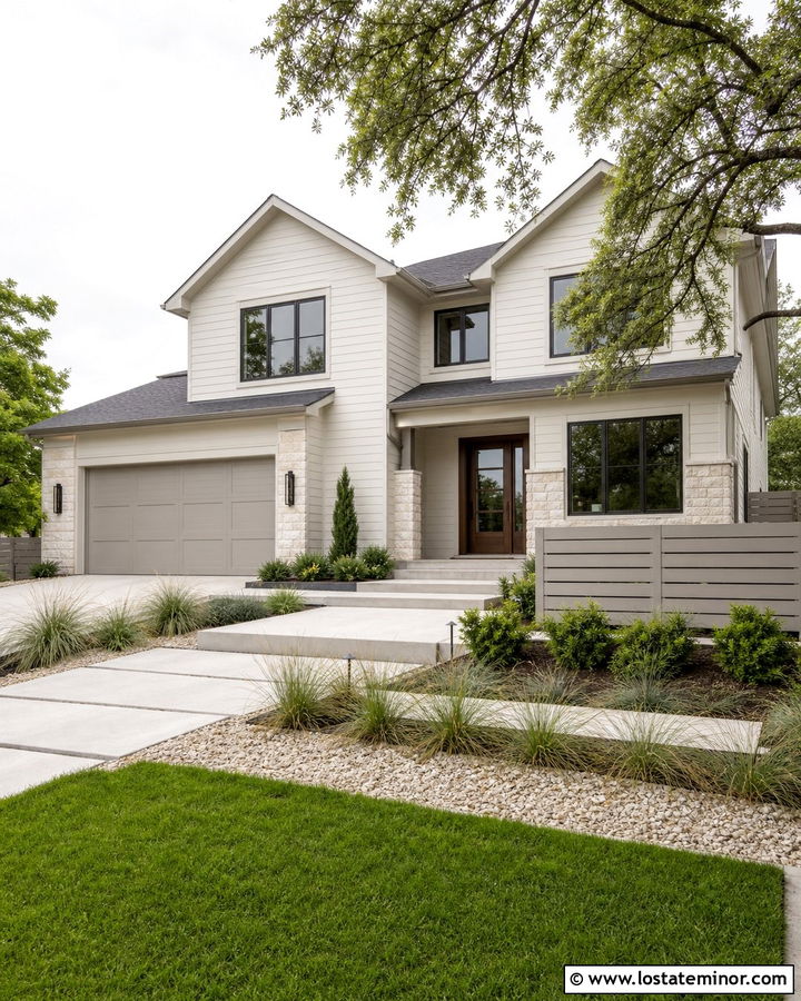Warm White House With Greige Fence - 30 Warm White House Design With Fence Ideas