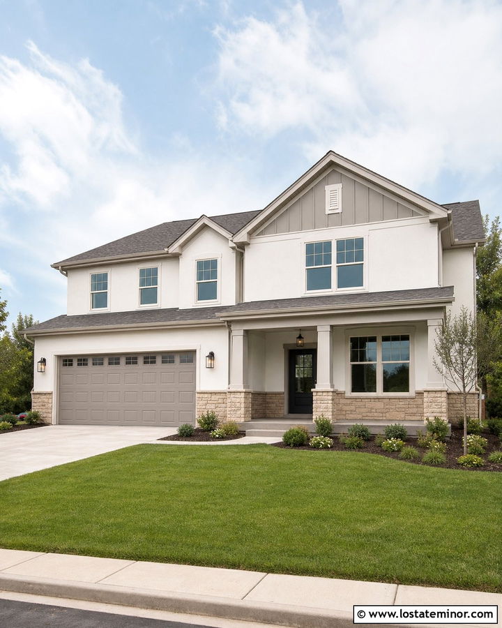 Warm White House With Greige Garage Door - 30 Warm White House Design With Garage Door Ideas