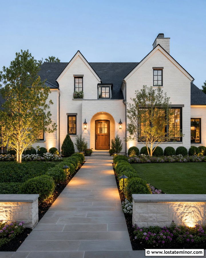 Warm White House With Layered Curb Appeal Lighting - 30 Warm White House Design With Lighting Ideas
