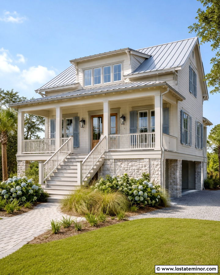 Warm White House With Light Gray Metal Roof - 30 Warm White House Design With Roof Ideas