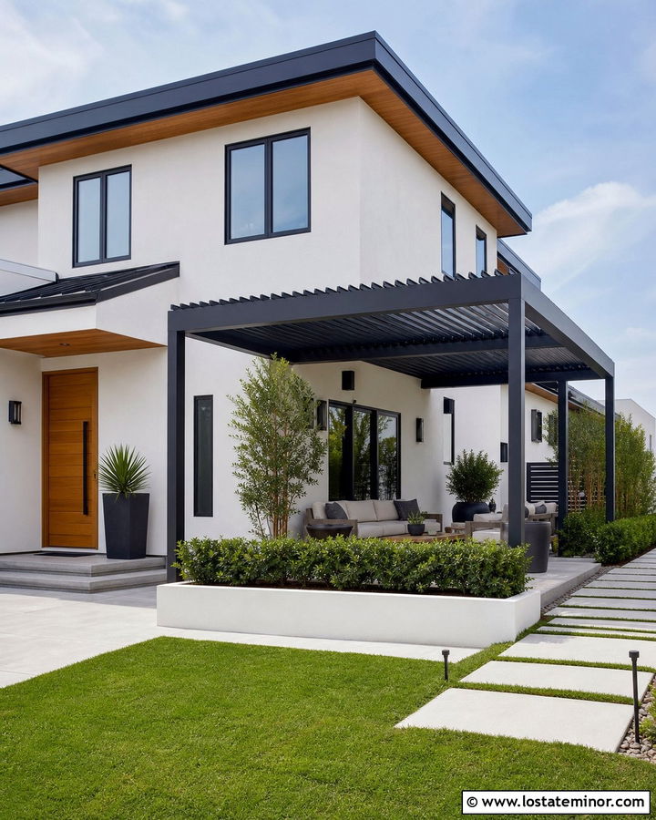 Warm White House With Louvered Pergola - 30 Warm White House Design With Pergola Ideas