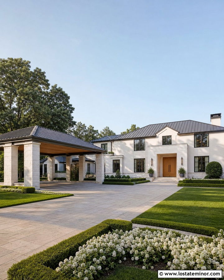 Warm White House With Luxury Carport - 30 Warm White House Design With Carport Ideas