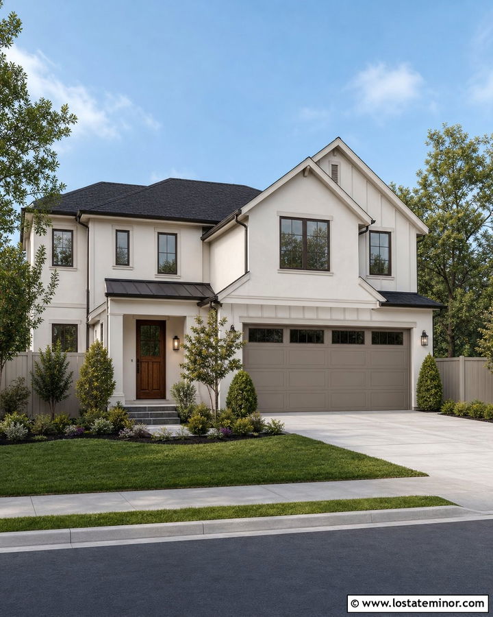 Warm White House With Matching Garage And Fence - 30 Warm White House Design With Fence Ideas