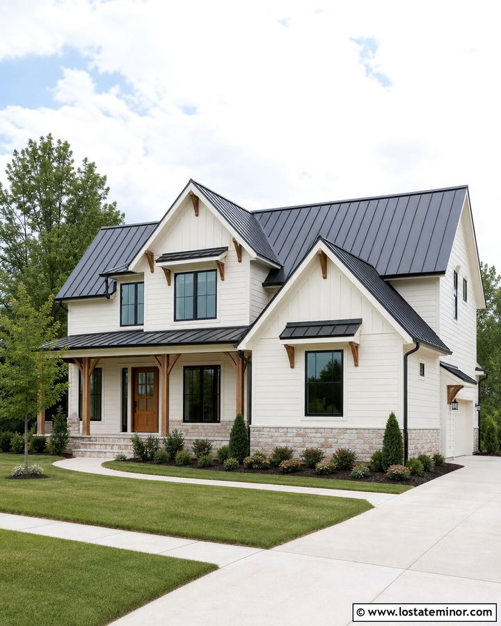 Warm White House With Metal Roof Gables - 30 Warm White House Design With Gables Ideas