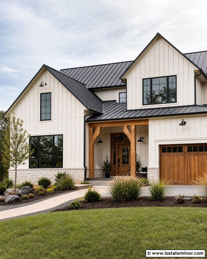 Warm White House With Metal Roof Trim - 30 Warm White House Design With Trim Ideas