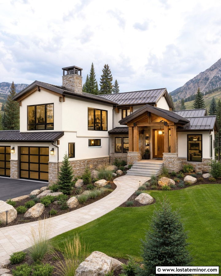 Warm White House With Mixed Bronze And Wood Windows - 30 Warm White House Design With Window Frames Ideas