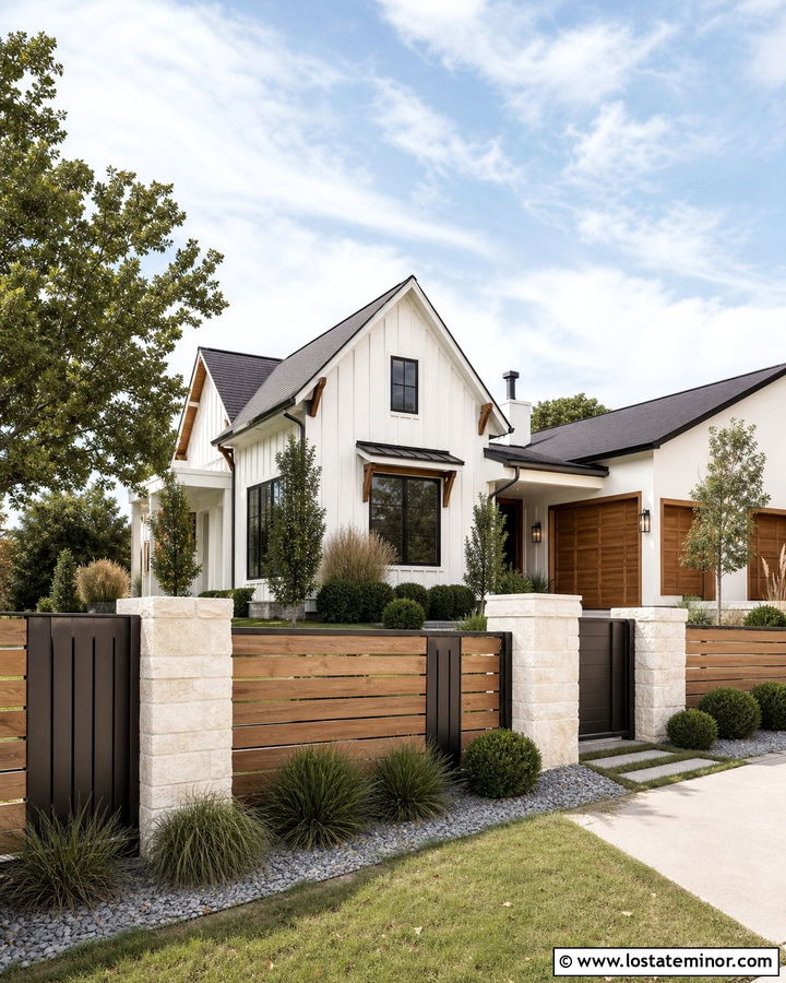 Warm White House With Mixed Material Fence - 30 Warm White House Design With Fence Ideas
