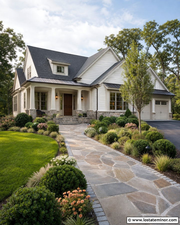 Warm White House With Mixed Stone Walkway - 30 Warm White House Design With Walkway Ideas