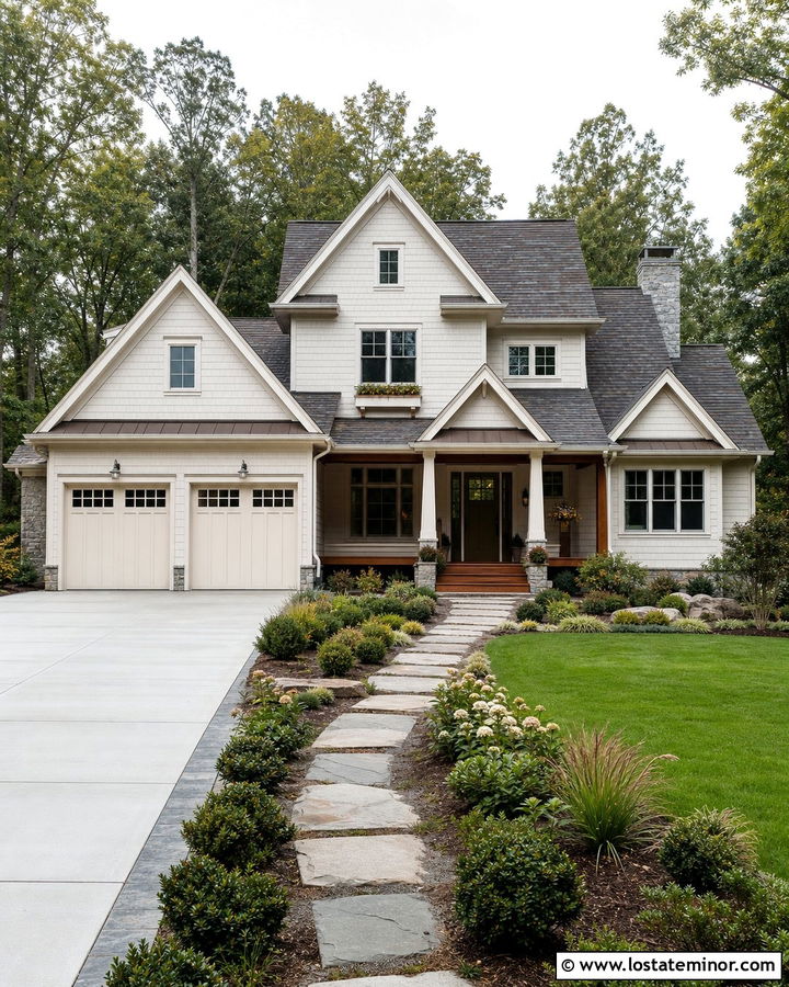 Warm White House With Mixed Tone Shingles - 30 Warm White House Design With Shingles Ideas