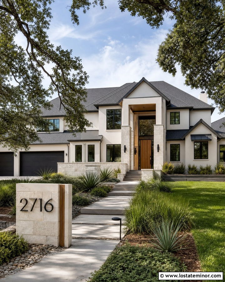 Warm White House With Modern Number Monument - 30 Warm White House Design With House Numbers Ideas