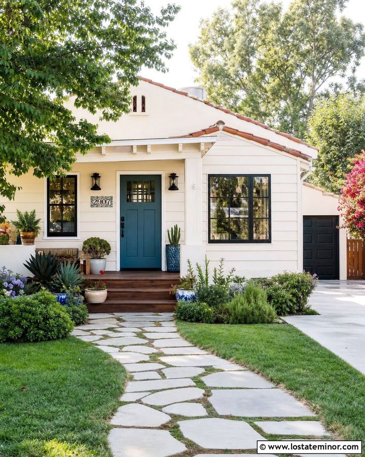 Warm White House With Mosaic House Numbers - 30 Warm White House Design With House Numbers Ideas