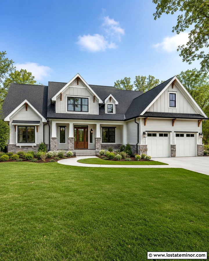 Warm White House With Multi Gable Black Roof - 30 Warm White House Design With Roof Ideas