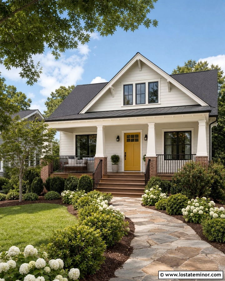 Warm White House With Mustard Yellow Entry Door - 30 Warm White House Design With Entry Door Ideas